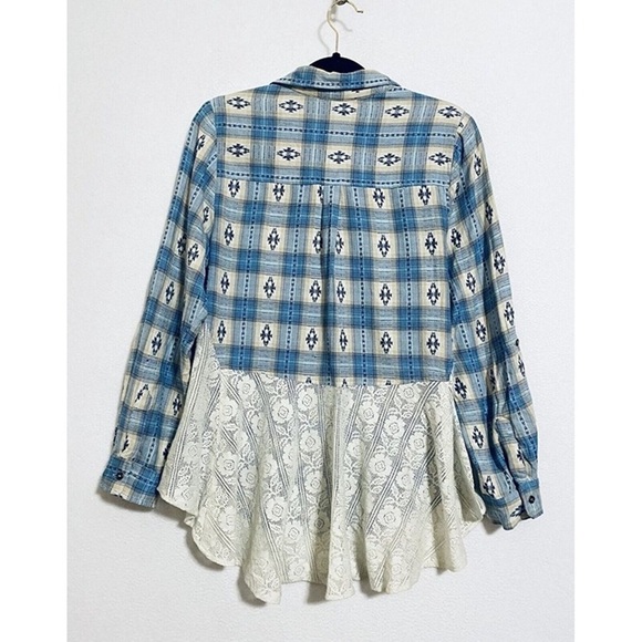 Angie Tops - VTG 90s Angie Women S Southwestern Button Up Top Lace Peplum Blue Plaid Boho